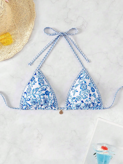 Swim Vcay Women's Halter Neck Triangle Bikini Top,Random Floral Print Beaded Trim Gold Chain Brown Bikini,Summer Beach Boho Holiday Holiday