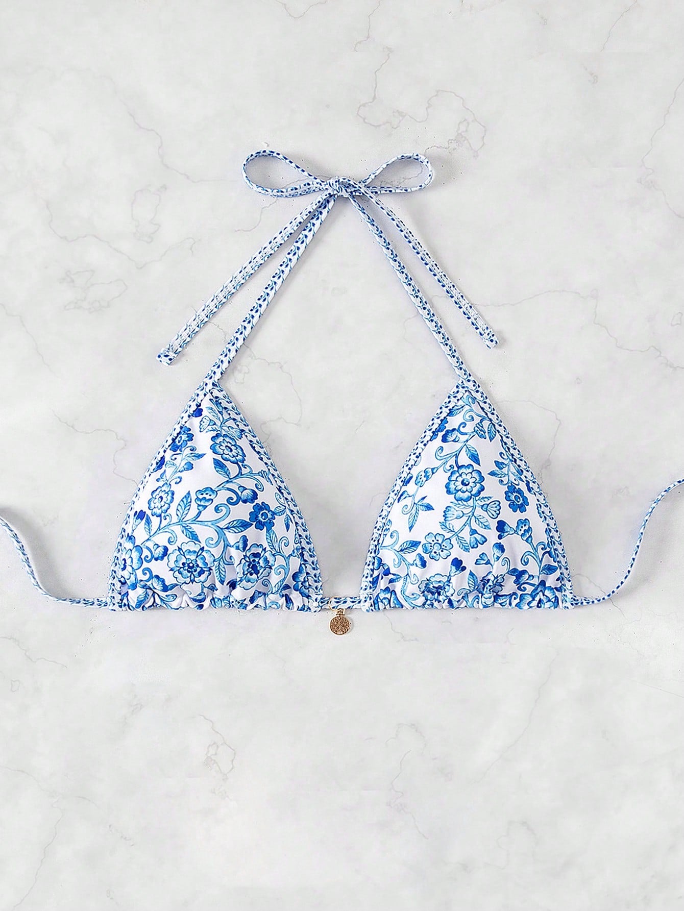 Swim Vcay Women's Halter Neck Triangle Bikini Top,Random Floral Print Beaded Trim Gold Chain Brown Bikini,Summer Beach Boho Holiday Holiday