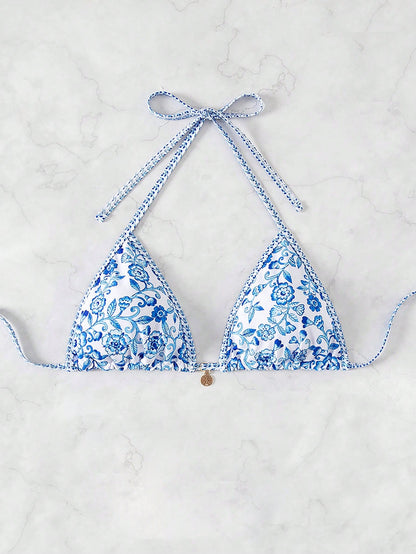 Swim Vcay Women's Halter Neck Triangle Bikini Top,Random Floral Print Beaded Trim Gold Chain Brown Bikini,Summer Beach Boho Holiday Holiday