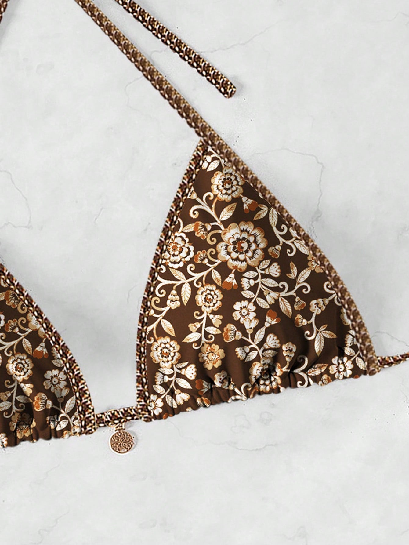 Swim Vcay Women's Halter Neck Triangle Bikini Top,Random Floral Print Beaded Trim Gold Chain Brown Bikini,Summer Beach Boho Holiday Holiday