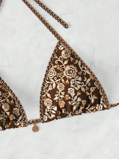 Swim Vcay Women's Halter Neck Triangle Bikini Top,Random Floral Print Beaded Trim Gold Chain Brown Bikini,Summer Beach Boho Holiday Holiday