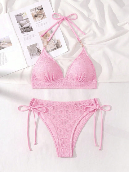 Swim Vcay Women's Hollow Out Fabric Halter Tie Fashion Bikini Set