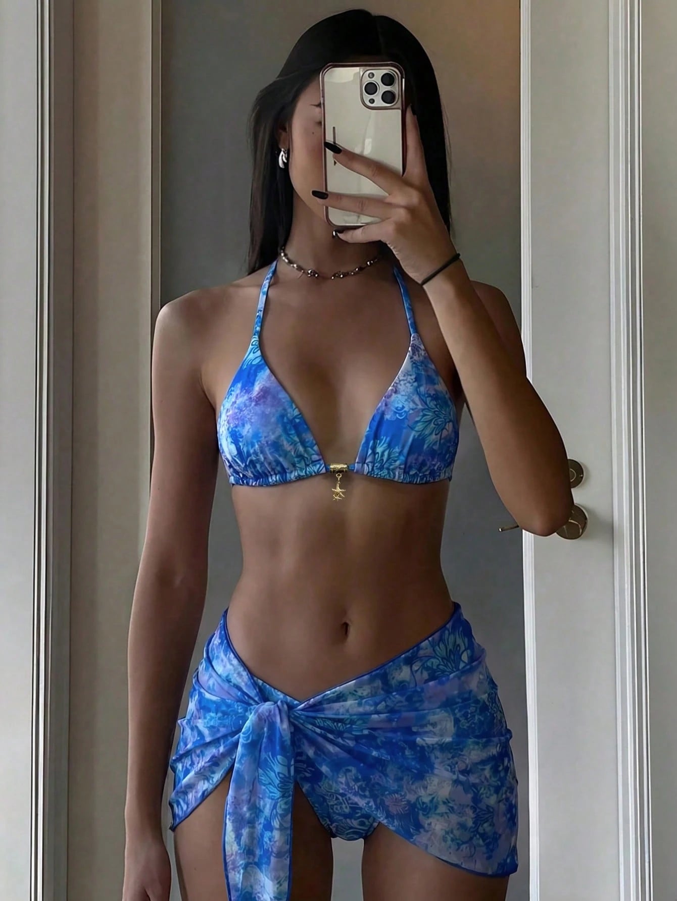 Swim Vcay Women's Multicolor Halter Graphic Tie Back Thong Bikini Set With Fabric Material