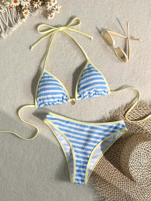 Swim Vcay Women's Summer Beach Striped Halter Neck Tie Sexy Bikini And Triangle Bottom Two-Piece Swimsuit Set