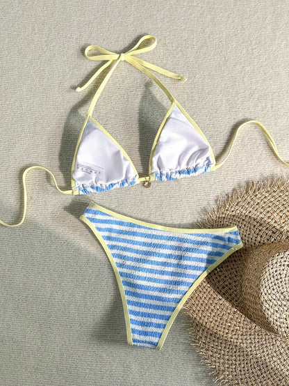 Swim Vcay Women's Summer Beach Striped Halter Neck Tie Sexy Bikini And Triangle Bottom Two-Piece Swimsuit Set