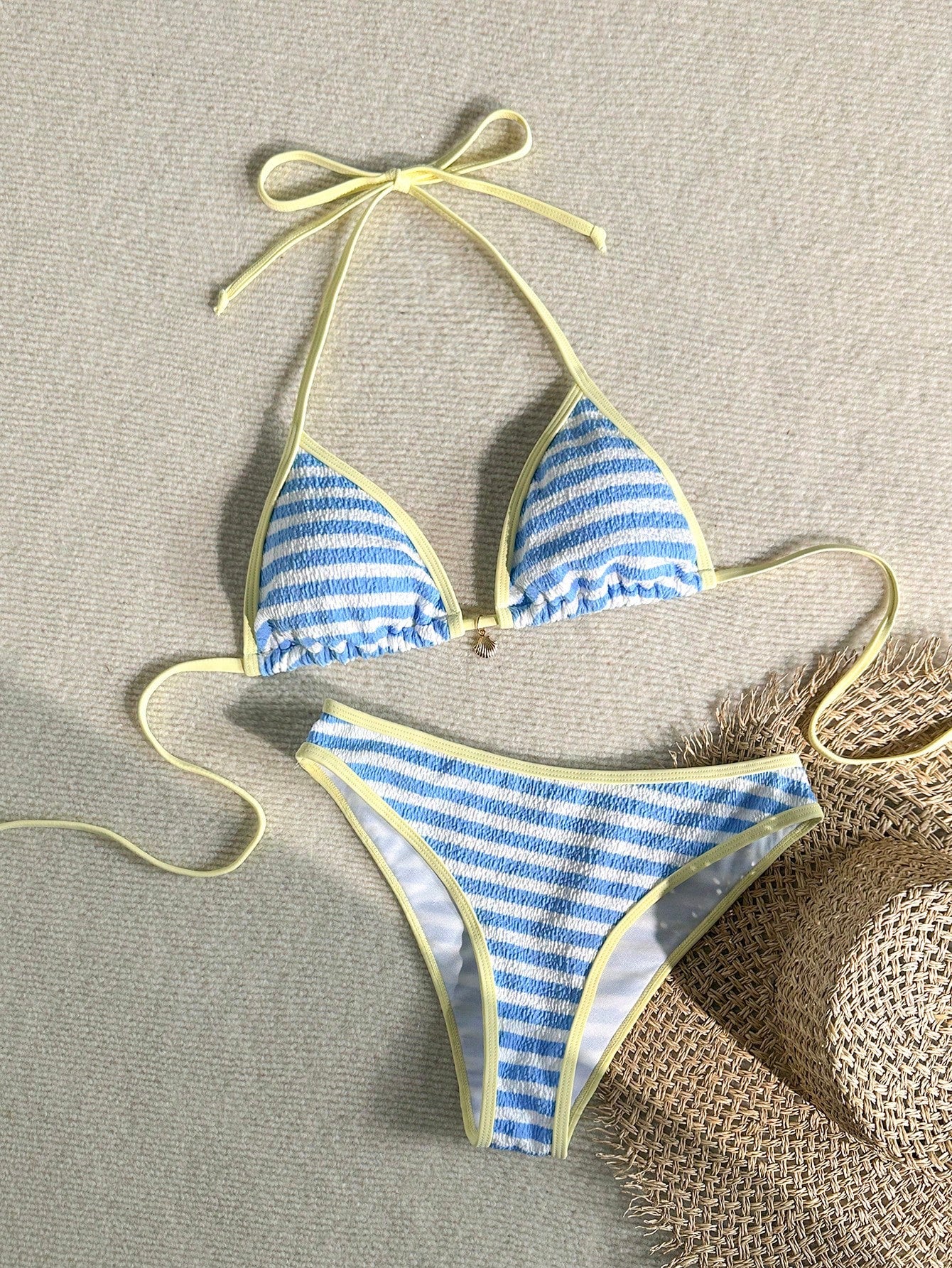Swim Vcay Women's Summer Beach Striped Halter Neck Tie Sexy Bikini And Triangle Bottom Two-Piece Swimsuit Set