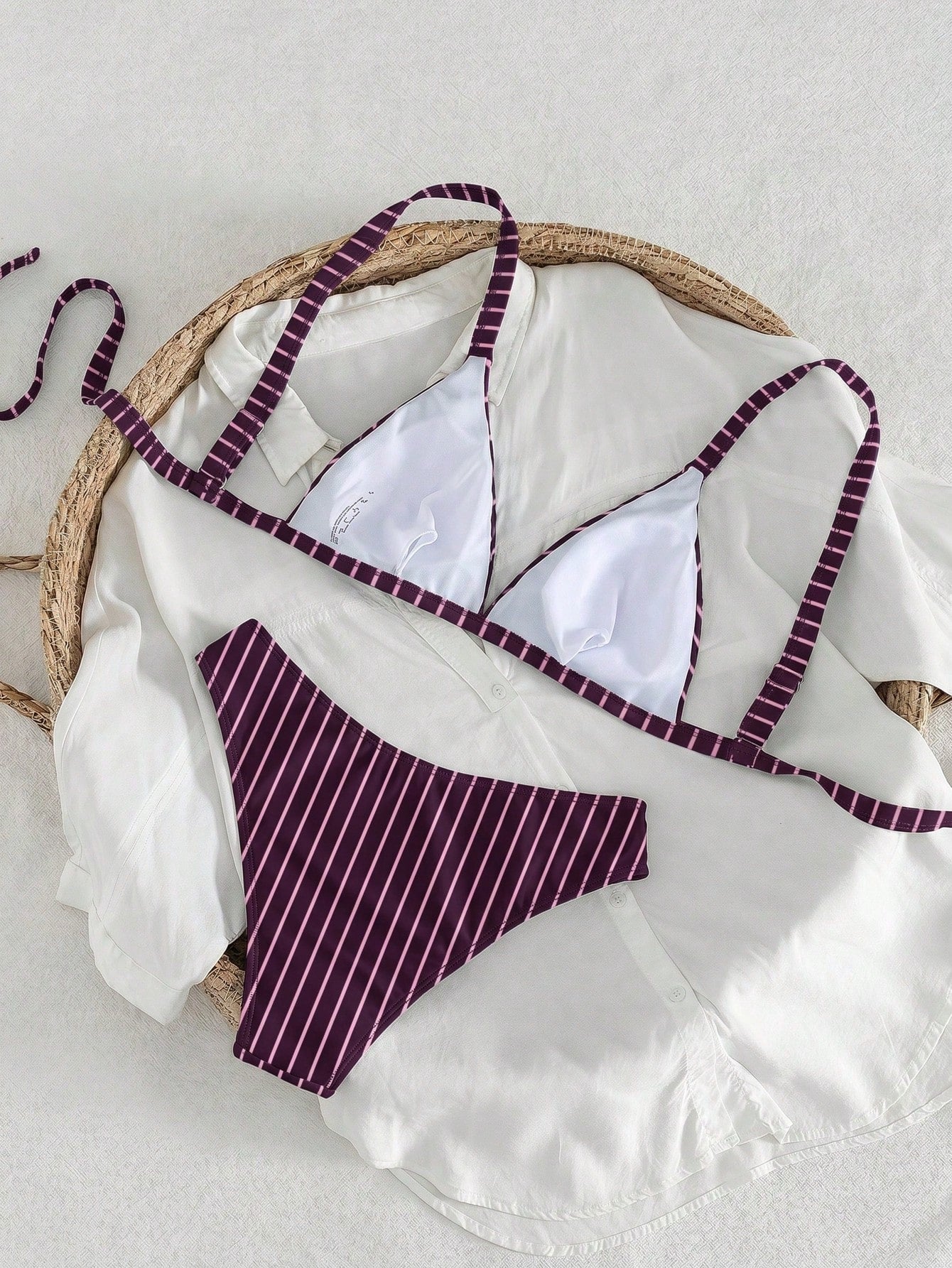 Swim Vcay Women's Summer Deep Forest Secret Series Vintage Dark Green Pinstripe Wide Strap Triangle Cup Bikini, Combining Comfortable Support And Minimalist Premium Feel For Vacation Pool And Beach Sw