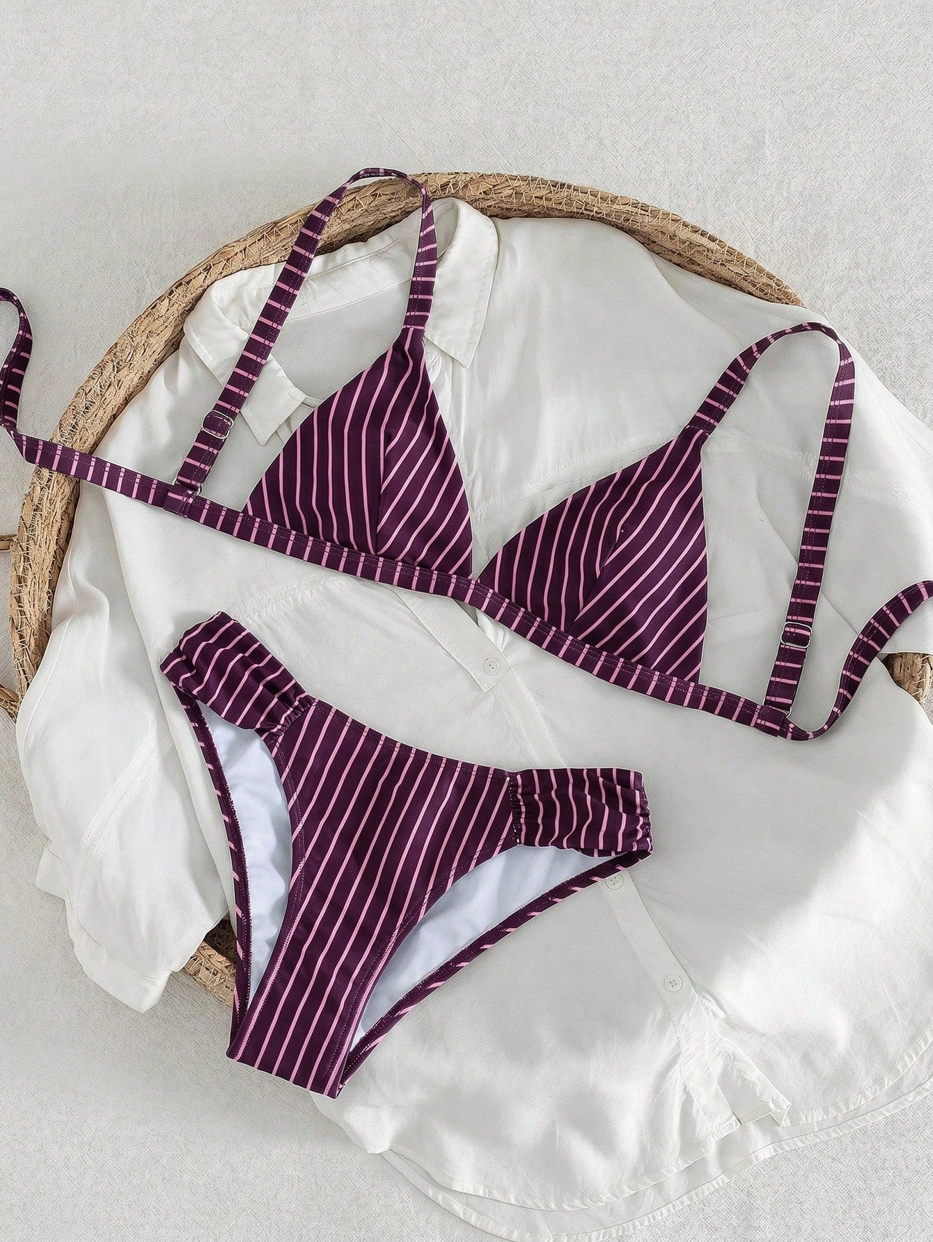 Swim Vcay Women's Summer Deep Forest Secret Series Vintage Dark Green Pinstripe Wide Strap Triangle Cup Bikini, Combining Comfortable Support And Minimalist Premium Feel For Vacation Pool And Beach Sw