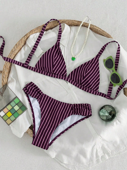 Swim Vcay Women's Summer Deep Forest Secret Series Vintage Dark Green Pinstripe Wide Strap Triangle Cup Bikini, Combining Comfortable Support And Minimalist Premium Feel For Vacation Pool And Beach Sw