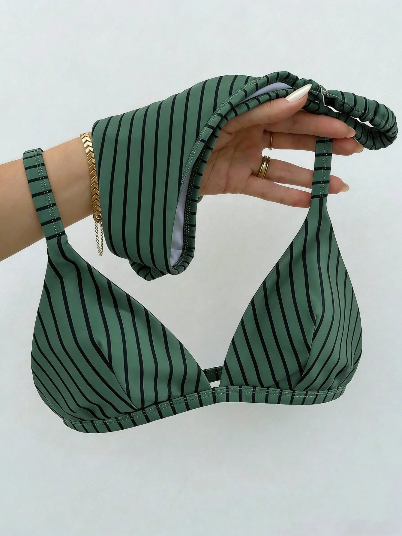 Swim Vcay Women's Summer Deep Forest Secret Series Vintage Dark Green Pinstripe Wide Strap Triangle Cup Bikini, Combining Comfortable Support And Minimalist Premium Feel For Vacation Pool And Beach Sw