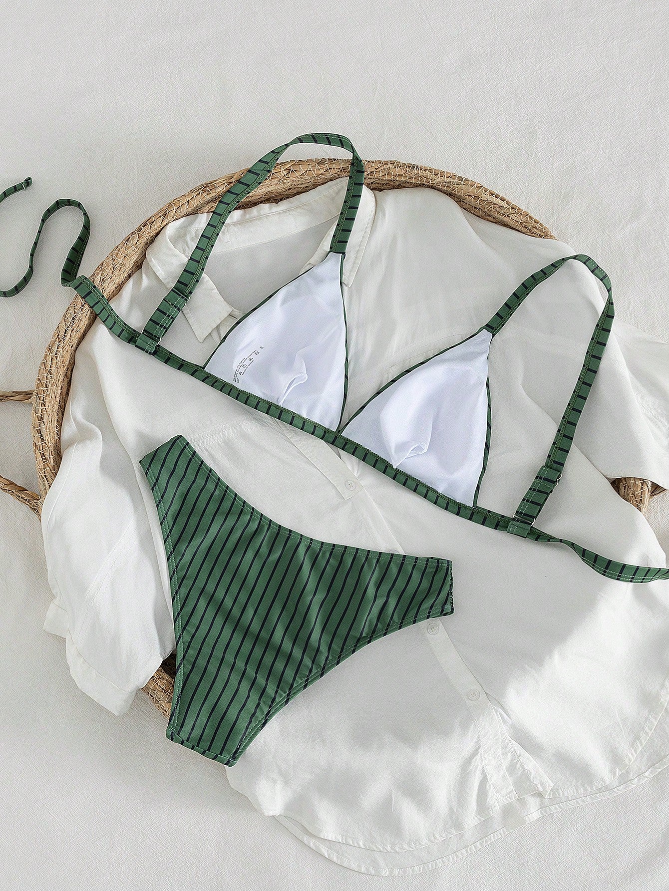 Swim Vcay Women's Summer Deep Forest Secret Series Vintage Dark Green Pinstripe Wide Strap Triangle Cup Bikini, Combining Comfortable Support And Minimalist Premium Feel For Vacation Pool And Beach Sw