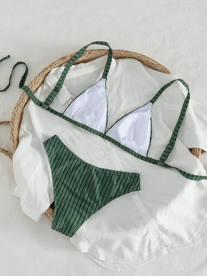 Swim Vcay Women's Summer Deep Forest Secret Series Vintage Dark Green Pinstripe Wide Strap Triangle Cup Bikini, Combining Comfortable Support And Minimalist Premium Feel For Vacation Pool And Beach Sw