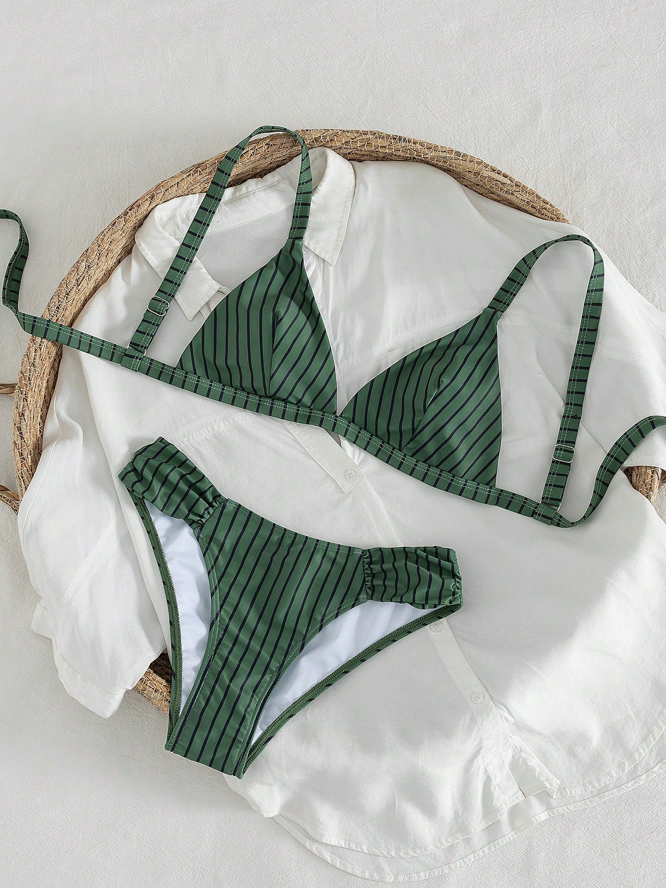 Swim Vcay Women's Summer Deep Forest Secret Series Vintage Dark Green Pinstripe Wide Strap Triangle Cup Bikini, Combining Comfortable Support And Minimalist Premium Feel For Vacation Pool And Beach Sw