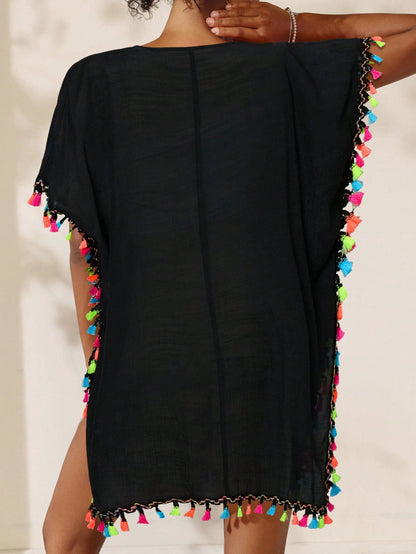Swim Vcay Women's Vacation V-Neck Loose Straight Cover Up Dress With Colorful Pom-Poms Trim Summer