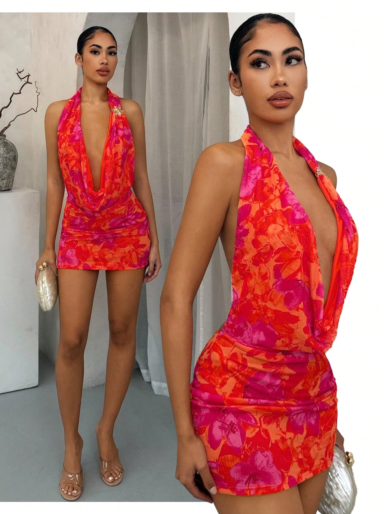 SXY Floral Print Metal Decor Low-Cut Backless Halter Dress,Women's Red Orange Summer 70s Party Club Outfits,Boho Vacation Date Night Concert Dress