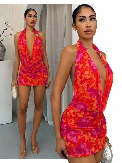 SXY Floral Print Metal Decor Low-Cut Backless Halter Dress,Women's Red Orange Summer 70s Party Club Outfits,Boho Vacation Date Night Concert Dress
