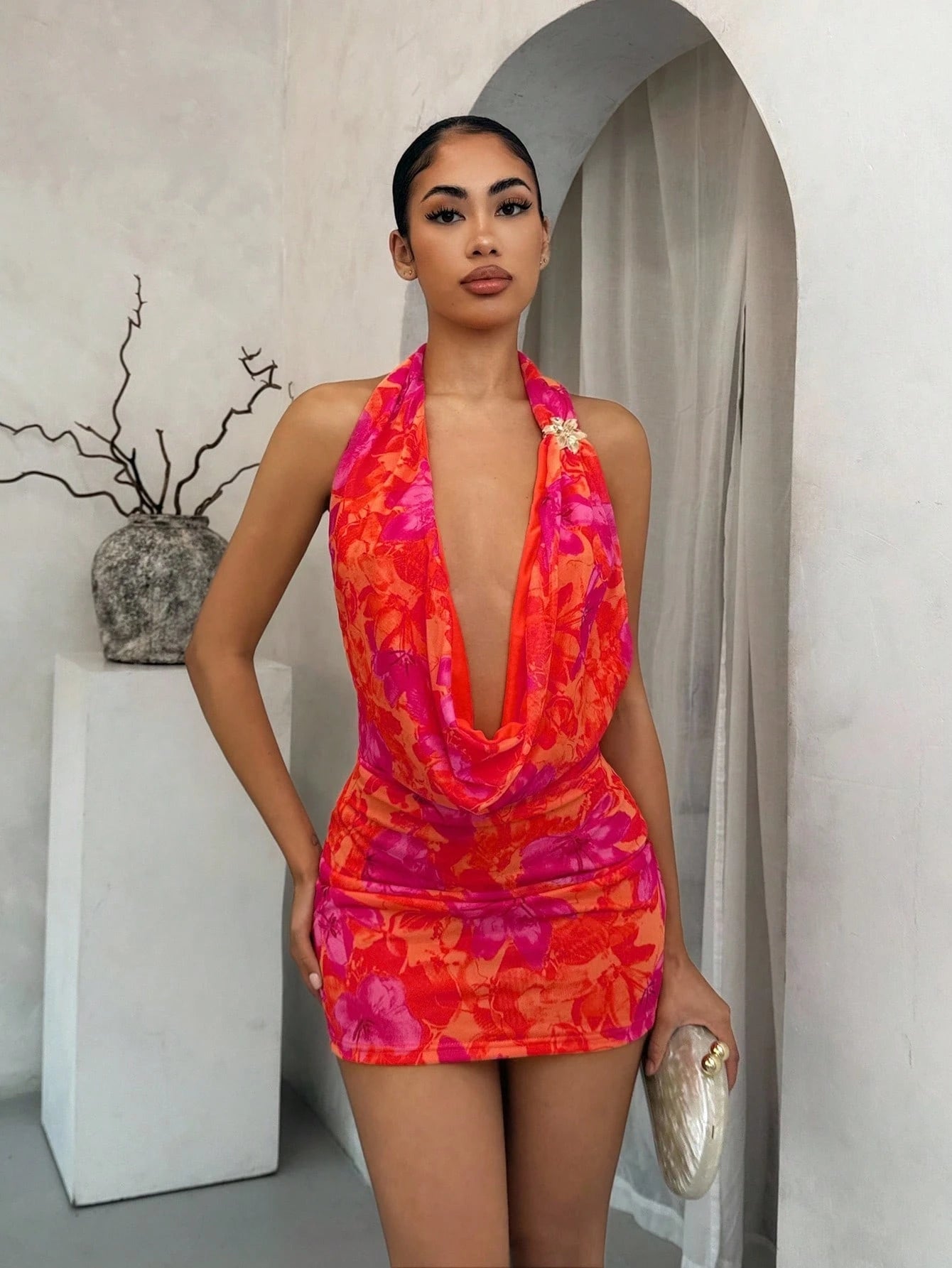 SXY Floral Print Metal Decor Low-Cut Backless Halter Dress,Women's Red Orange Summer 70s Party Club Outfits,Boho Vacation Date Night Concert Dress
