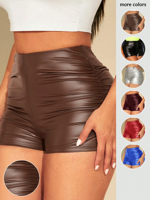 SXY Ruched PU Leather Shorts