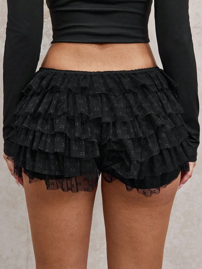 SXY Summer Fall Women Clothes Teen Girls Black Polka Dot Lace Ruffle Trim Low Waist Mini Shorts Ballet Style Sexy For Date Night Party Cocktail Christmas