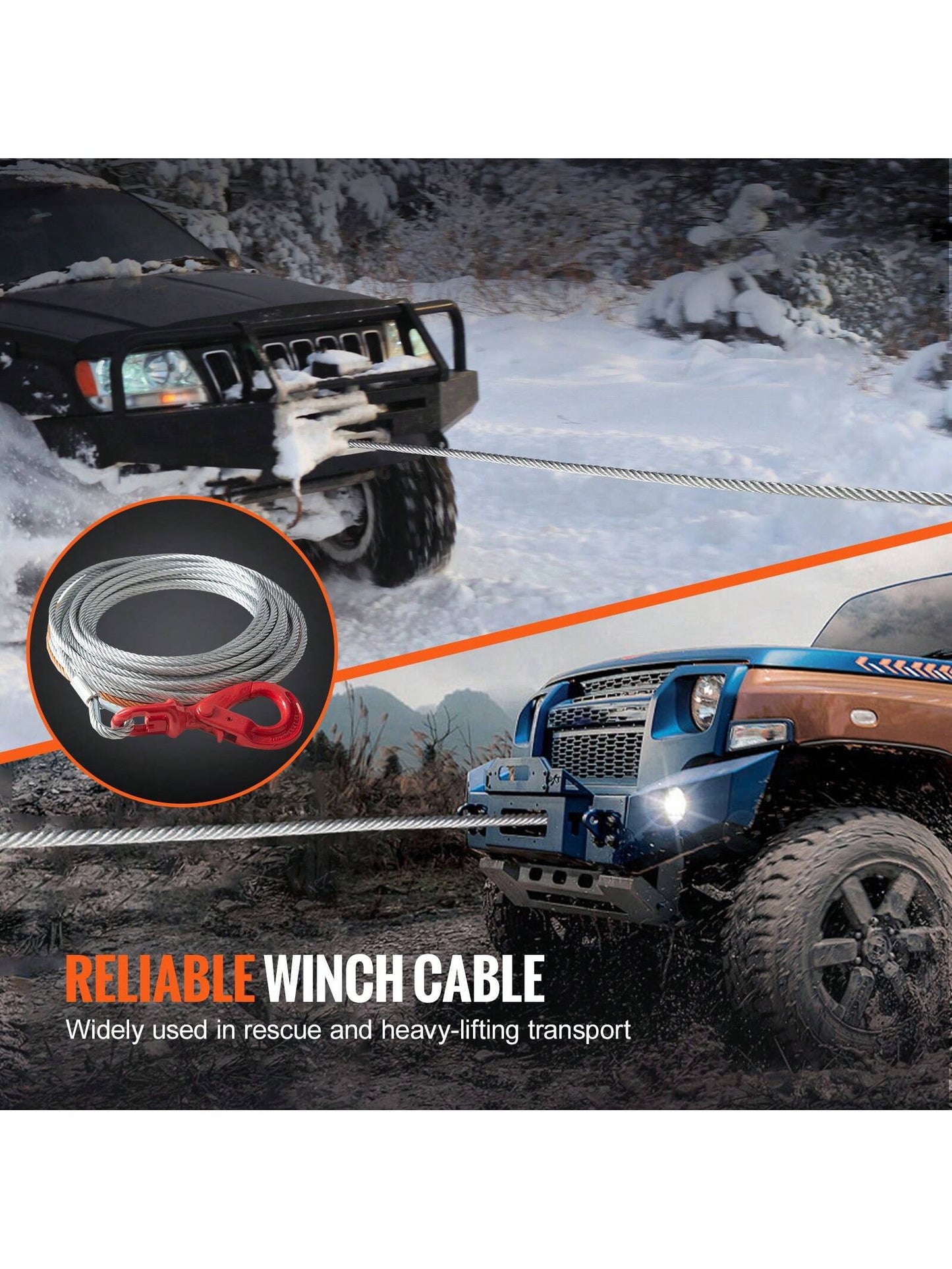 Synthetic Or Galvanized Steel Winch Rope, 3/16" X 50 Ft To 1/2" X 92 Ft, 26,500 Lbs To 8,350 Lbs Breaking Strength,Towing Cable Heavy Duty, Universal Fit For SUV, Large Off-Road Vehicle, Truck