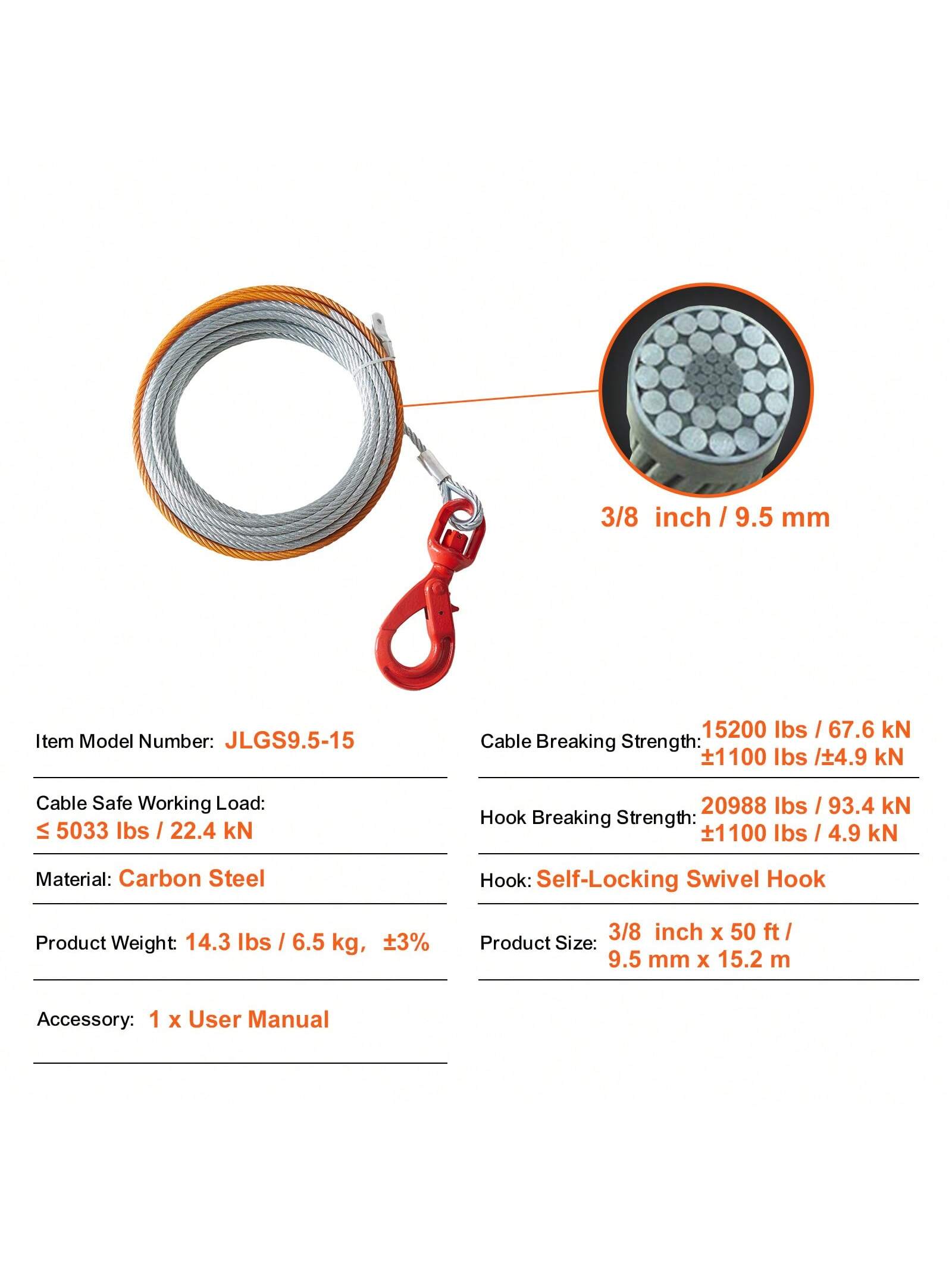 Synthetic Or Galvanized Steel Winch Rope, 3/16" X 50 Ft To 1/2" X 92 Ft, 26,500 Lbs To 8,350 Lbs Breaking Strength,Towing Cable Heavy Duty, Universal Fit For SUV, Large Off-Road Vehicle, Truck