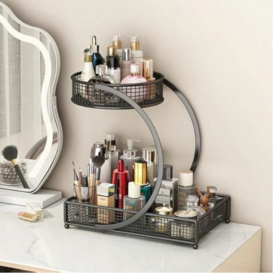 TAIMASI 3-Tier Varnished Metal Cosmetic Organizer With Round Baskets – Desk Oraganizer, Lightweight, Anti-Rust Vanity Storage For Makeup, Lipstick, Perfume & Skincare – Dorm Room Essentials College