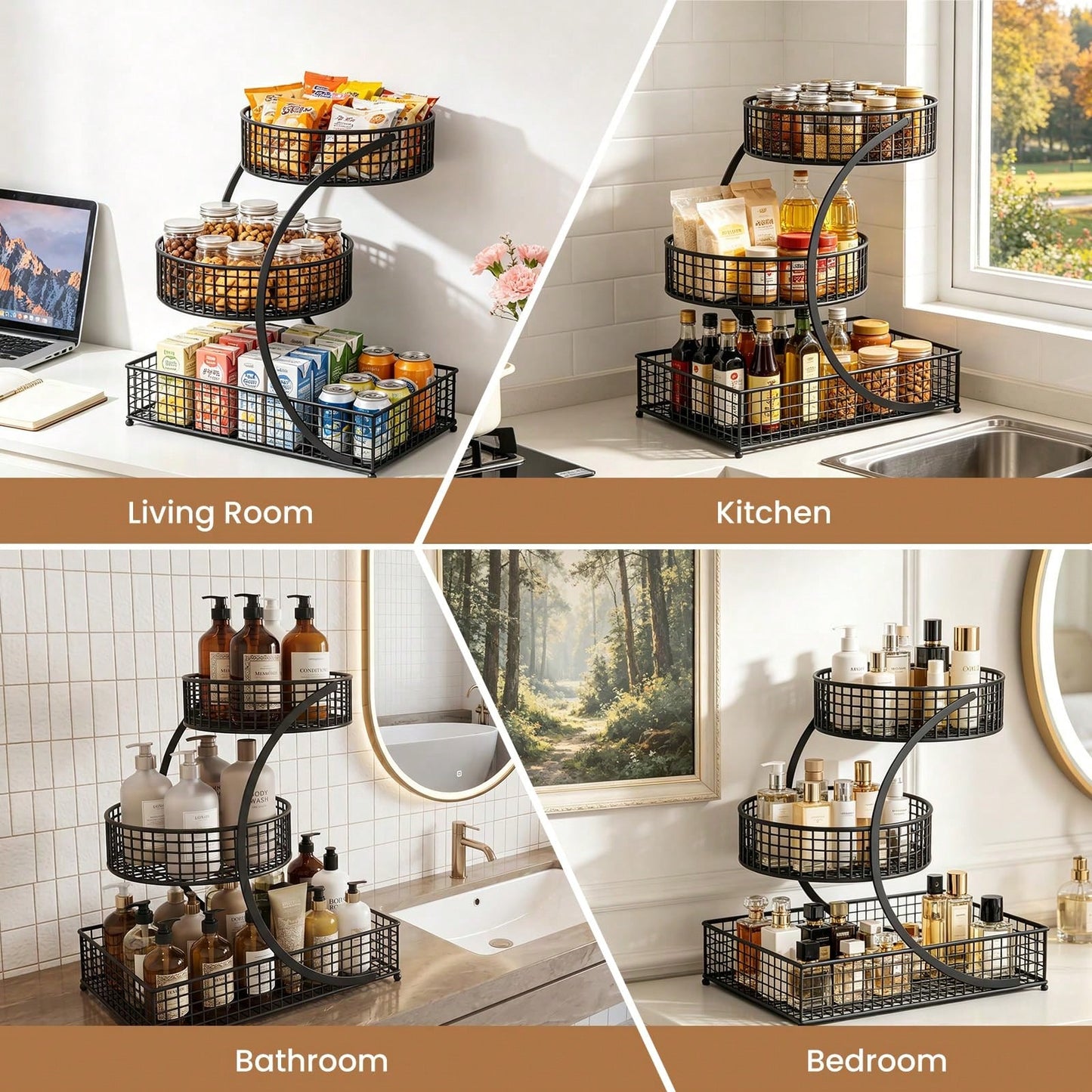 TAIMASI 3-Tier Varnished Metal Cosmetic Organizer With Round Baskets – Desk Oraganizer, Lightweight, Anti-Rust Vanity Storage For Makeup, Lipstick, Perfume & Skincare – Dorm Room Essentials College