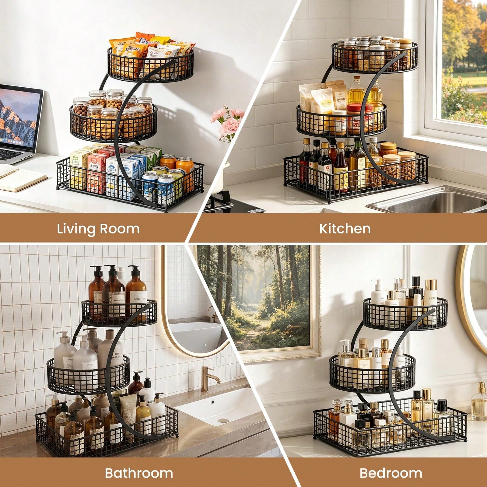 TAIMASI 3-Tier Varnished Metal Cosmetic Organizer With Round Baskets – Desk Oraganizer, Lightweight, Anti-Rust Vanity Storage For Makeup, Lipstick, Perfume & Skincare – Dorm Room Essentials College
