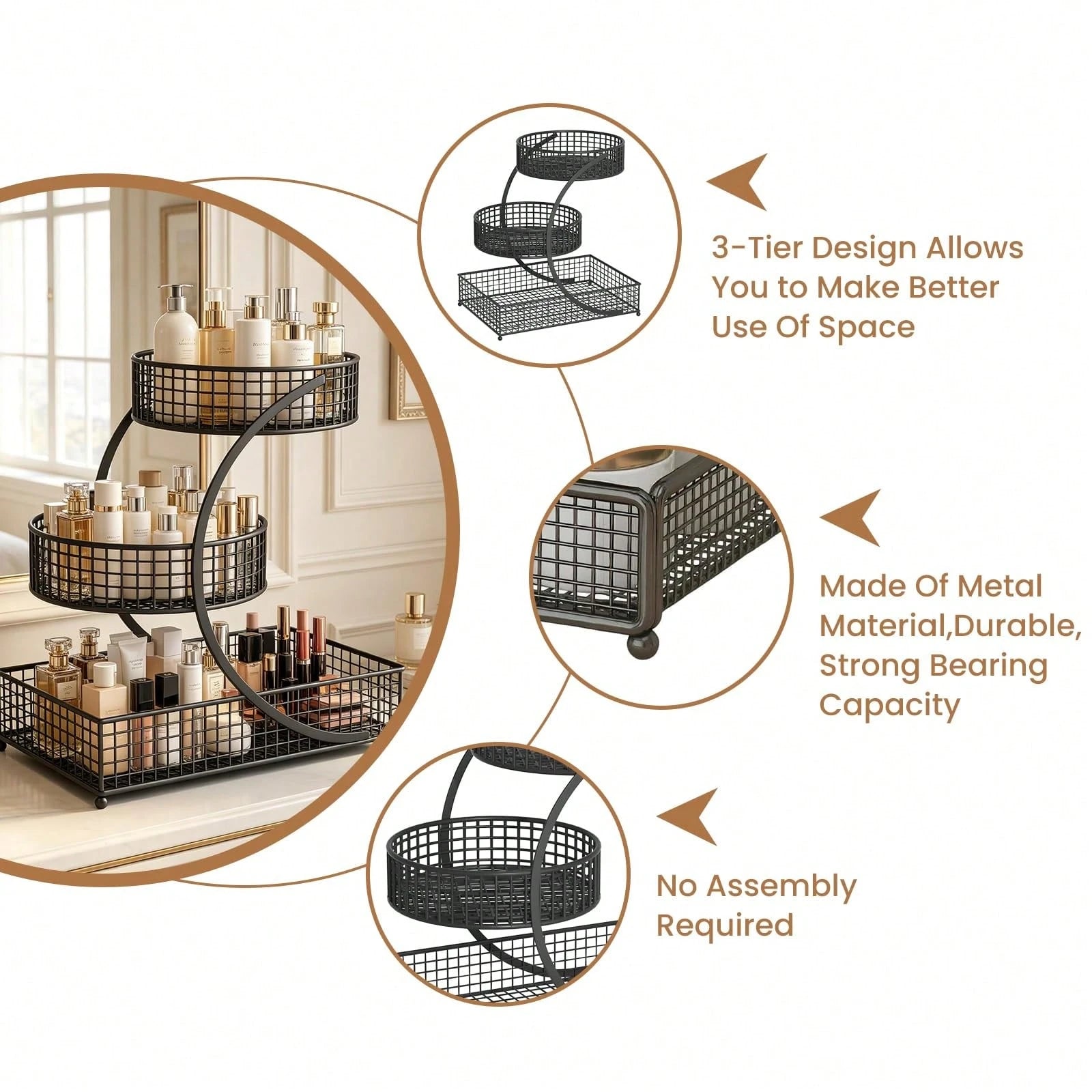 TAIMASI 3-Tier Varnished Metal Cosmetic Organizer With Round Baskets – Desk Oraganizer, Lightweight, Anti-Rust Vanity Storage For Makeup, Lipstick, Perfume & Skincare – Dorm Room Essentials College