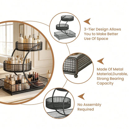 TAIMASI 3-Tier Varnished Metal Cosmetic Organizer With Round Baskets – Desk Oraganizer, Lightweight, Anti-Rust Vanity Storage For Makeup, Lipstick, Perfume & Skincare – Dorm Room Essentials College