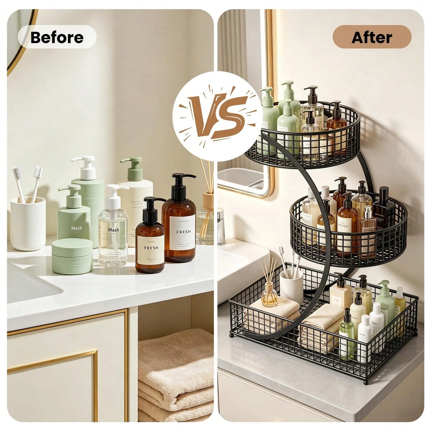 TAIMASI 3-Tier Varnished Metal Cosmetic Organizer With Round Baskets – Desk Oraganizer, Lightweight, Anti-Rust Vanity Storage For Makeup, Lipstick, Perfume & Skincare – Dorm Room Essentials College