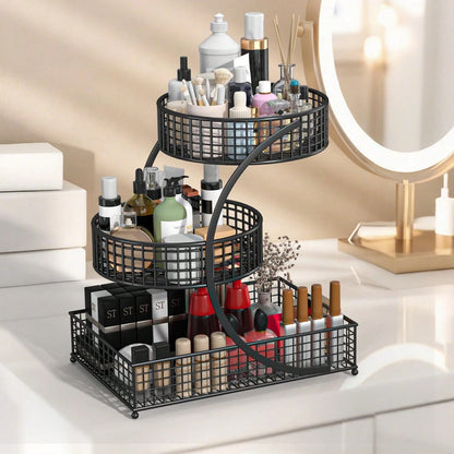 TAIMASI 3-Tier Varnished Metal Cosmetic Organizer With Round Baskets – Desk Oraganizer, Lightweight, Anti-Rust Vanity Storage For Makeup, Lipstick, Perfume & Skincare – Dorm Room Essentials College