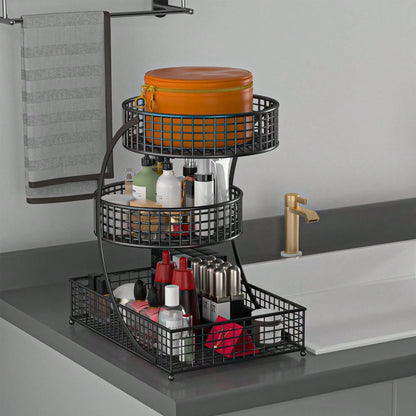 TAIMASI 3-Tier Varnished Metal Cosmetic Organizer With Round Baskets – Desk Oraganizer, Lightweight, Anti-Rust Vanity Storage For Makeup, Lipstick, Perfume & Skincare – Dorm Room Essentials College