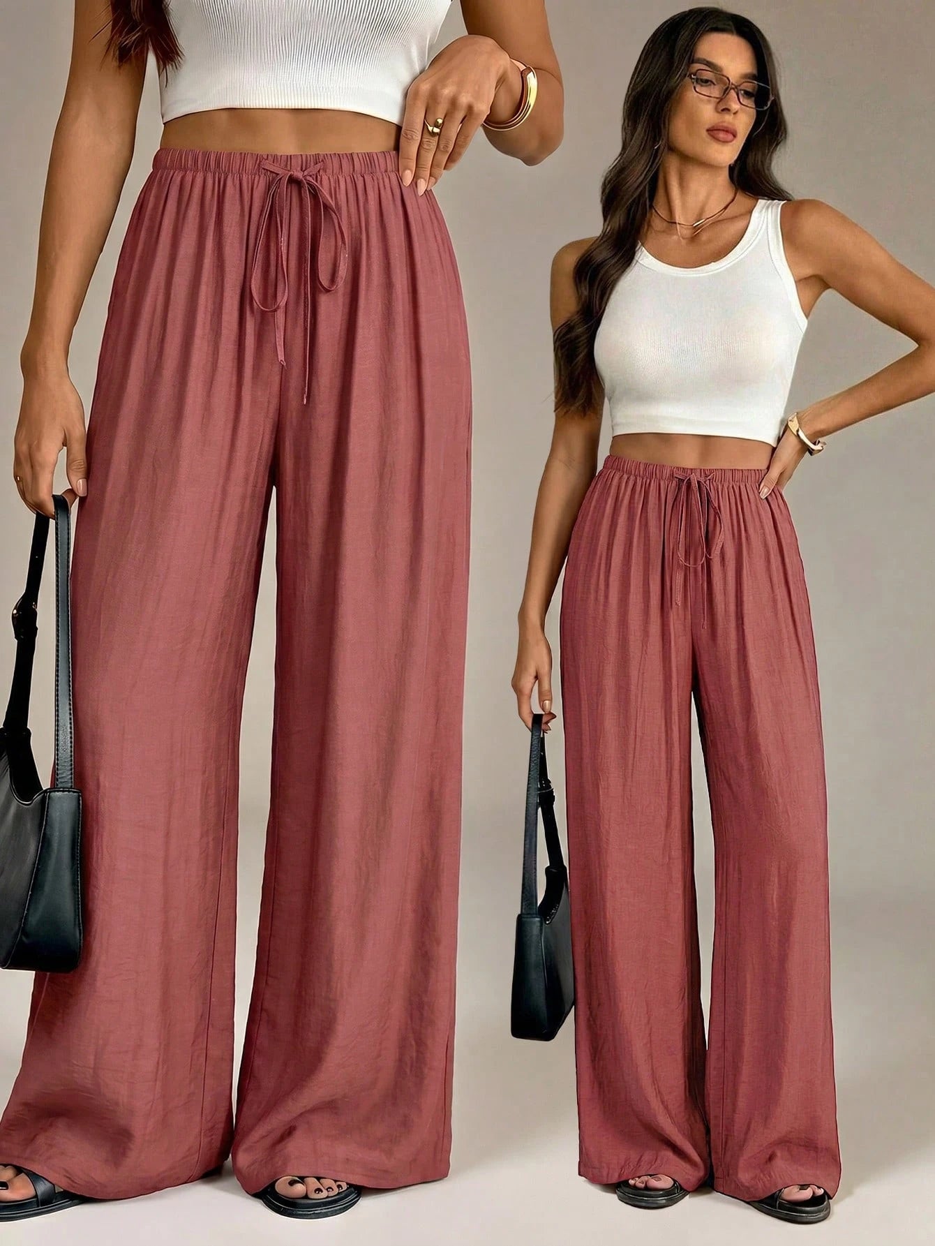 Tall Women's Elastic Waist Loose Casual Wide Leg Long Pants Vacation Rusty Dusty Autumn