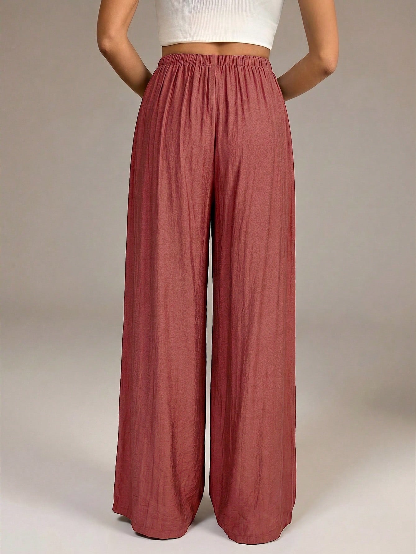 Tall Women's Elastic Waist Loose Casual Wide Leg Long Pants Vacation Rusty Dusty Autumn