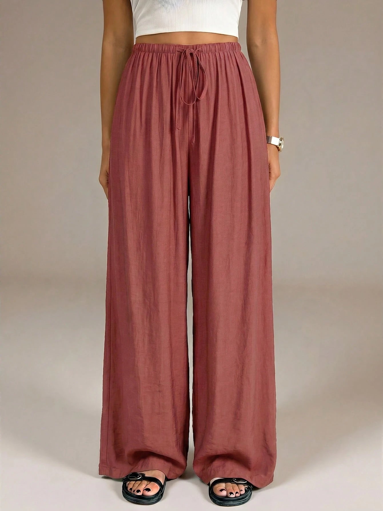 Tall Women's Elastic Waist Loose Casual Wide Leg Long Pants Vacation Rusty Dusty Autumn
