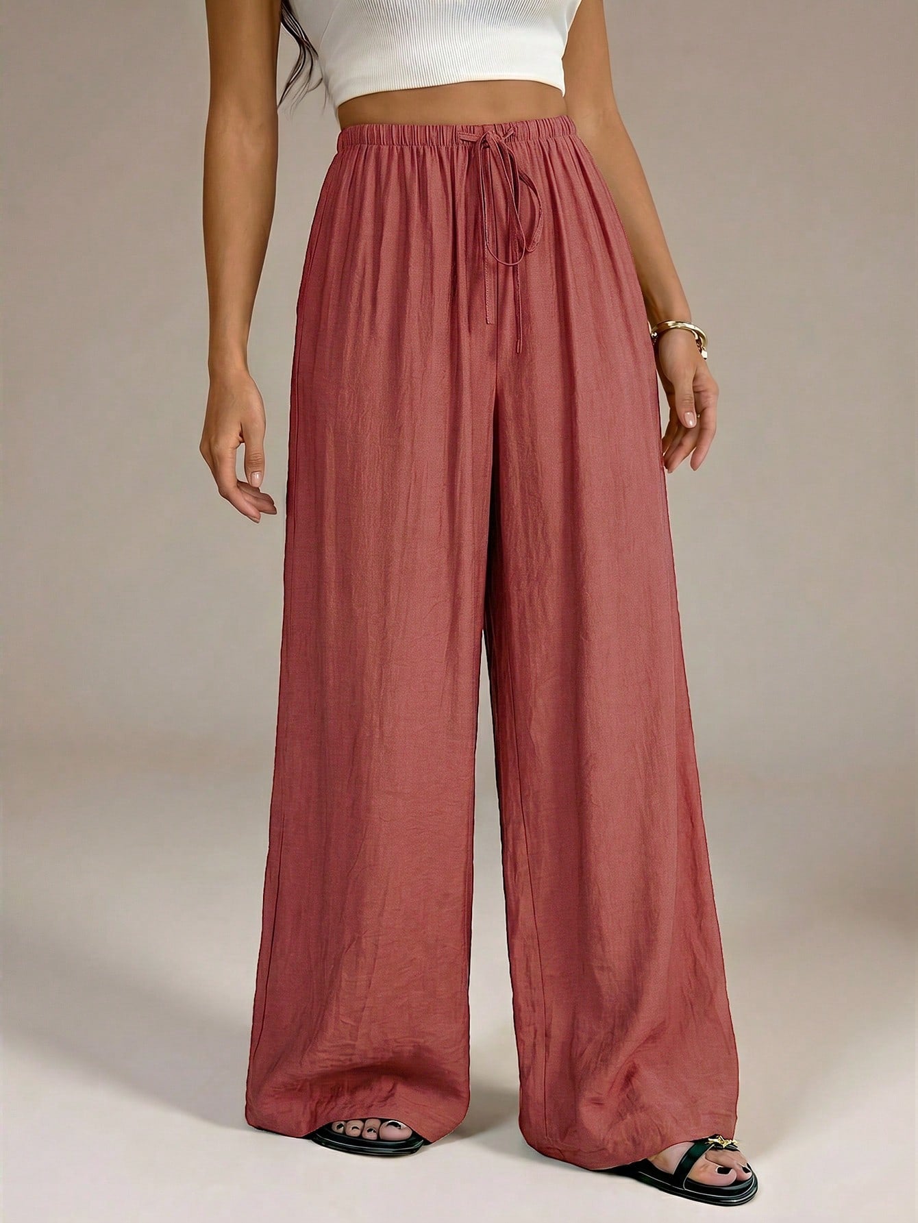 Tall Women's Elastic Waist Loose Casual Wide Leg Long Pants Vacation Rusty Dusty Autumn