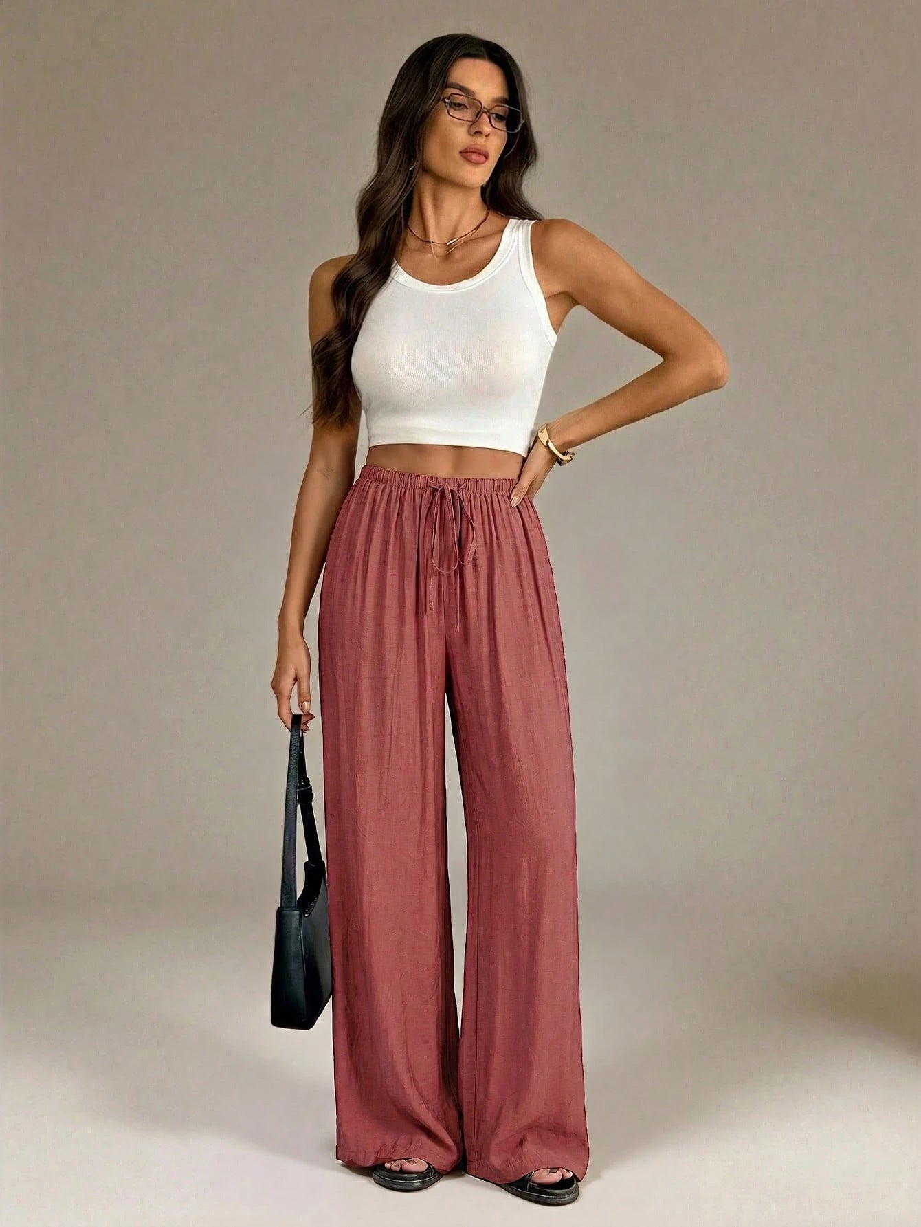 Tall Women's Elastic Waist Loose Casual Wide Leg Long Pants Vacation Rusty Dusty Autumn