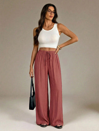 Tall Women's Elastic Waist Loose Casual Wide Leg Long Pants Vacation Rusty Dusty Autumn