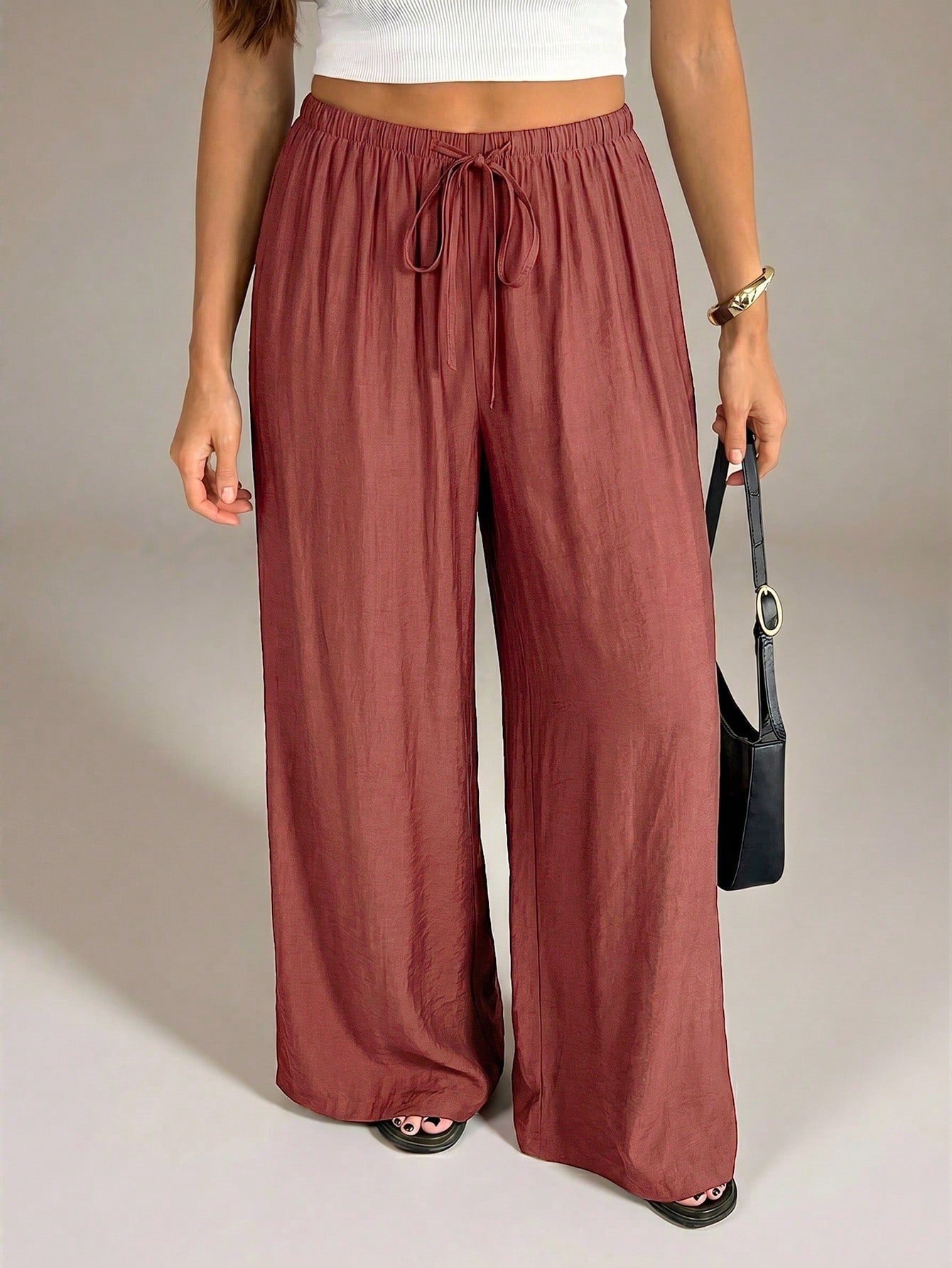 Tall Women's Elastic Waist Loose Casual Wide Leg Long Pants Vacation Rusty Dusty Autumn