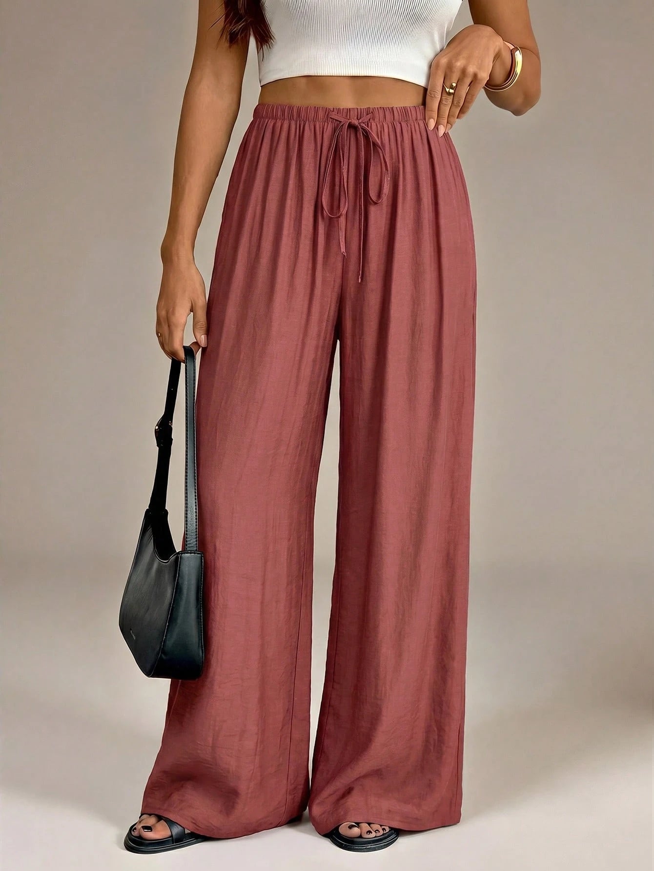 Tall Women's Elastic Waist Loose Casual Wide Leg Long Pants Vacation Rusty Dusty Autumn