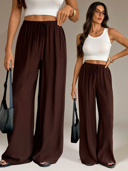 Tall Women's Elastic Waist Loose Casual Wide Leg Long Pants Vacation Rusty Dusty Autumn