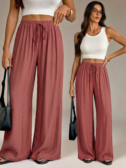 Tall Women's Elastic Waist Loose Casual Wide Leg Long Pants Vacation Rusty Dusty Autumn