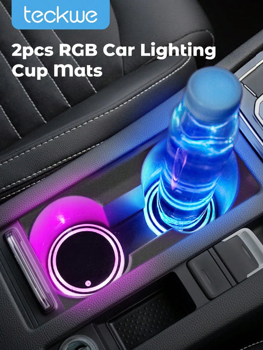 Teckwe 2pcs LED Car Cup Holder Lights, Light Up Car Coasters For Cup Holders 7 Color-Changing Light Up Cup Holder Insert Coasters, Waterproof Car Accessories, Car Gifts For Men & Women