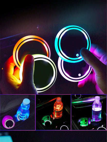 Teckwe 2pcs LED Car Cup Holder Lights, Light Up Car Coasters For Cup Holders 7 Color-Changing Light Up Cup Holder Insert Coasters, Waterproof Car Accessories, Car Gifts For Men & Women