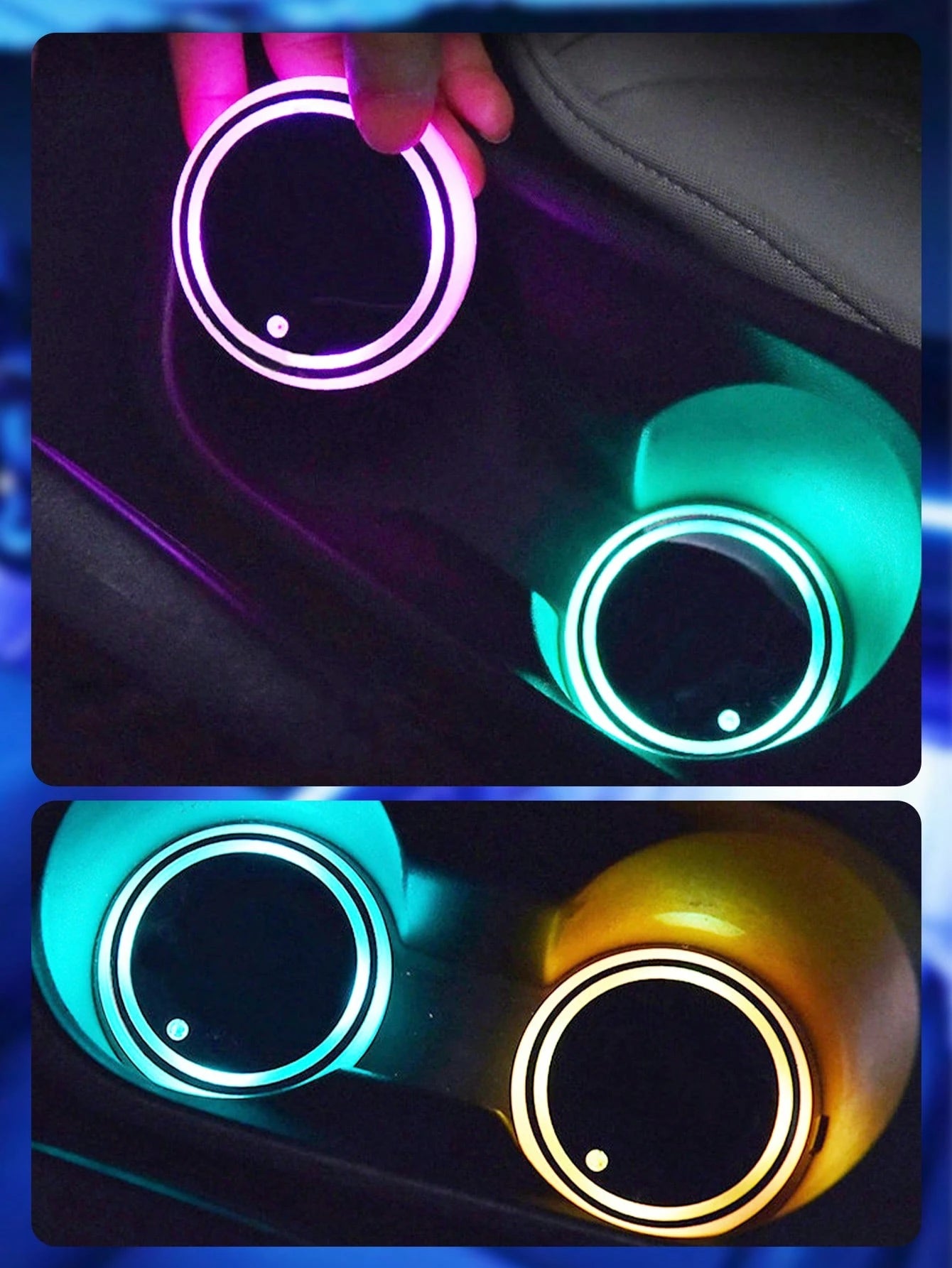 Teckwe 2pcs LED Car Cup Holder Lights, Light Up Car Coasters For Cup Holders 7 Color-Changing Light Up Cup Holder Insert Coasters, Waterproof Car Accessories, Car Gifts For Men & Women