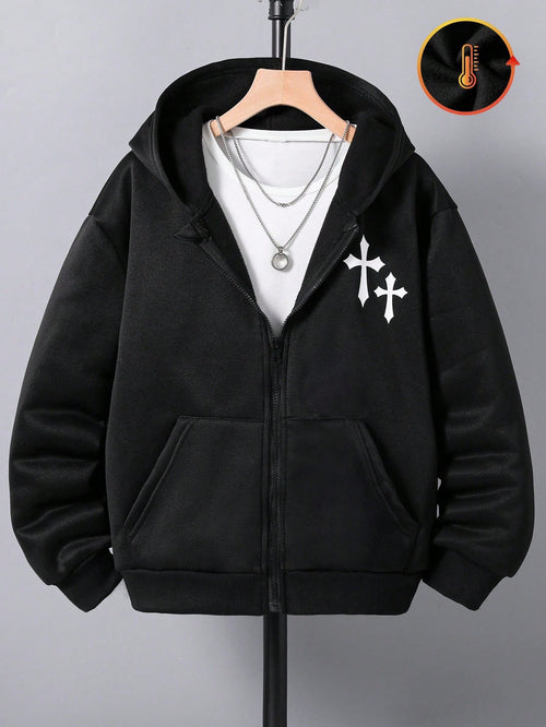 Teen Boy All-Match Graphic Print Versatile Hooded Zip-Up Sweatshirt Fall Winter
