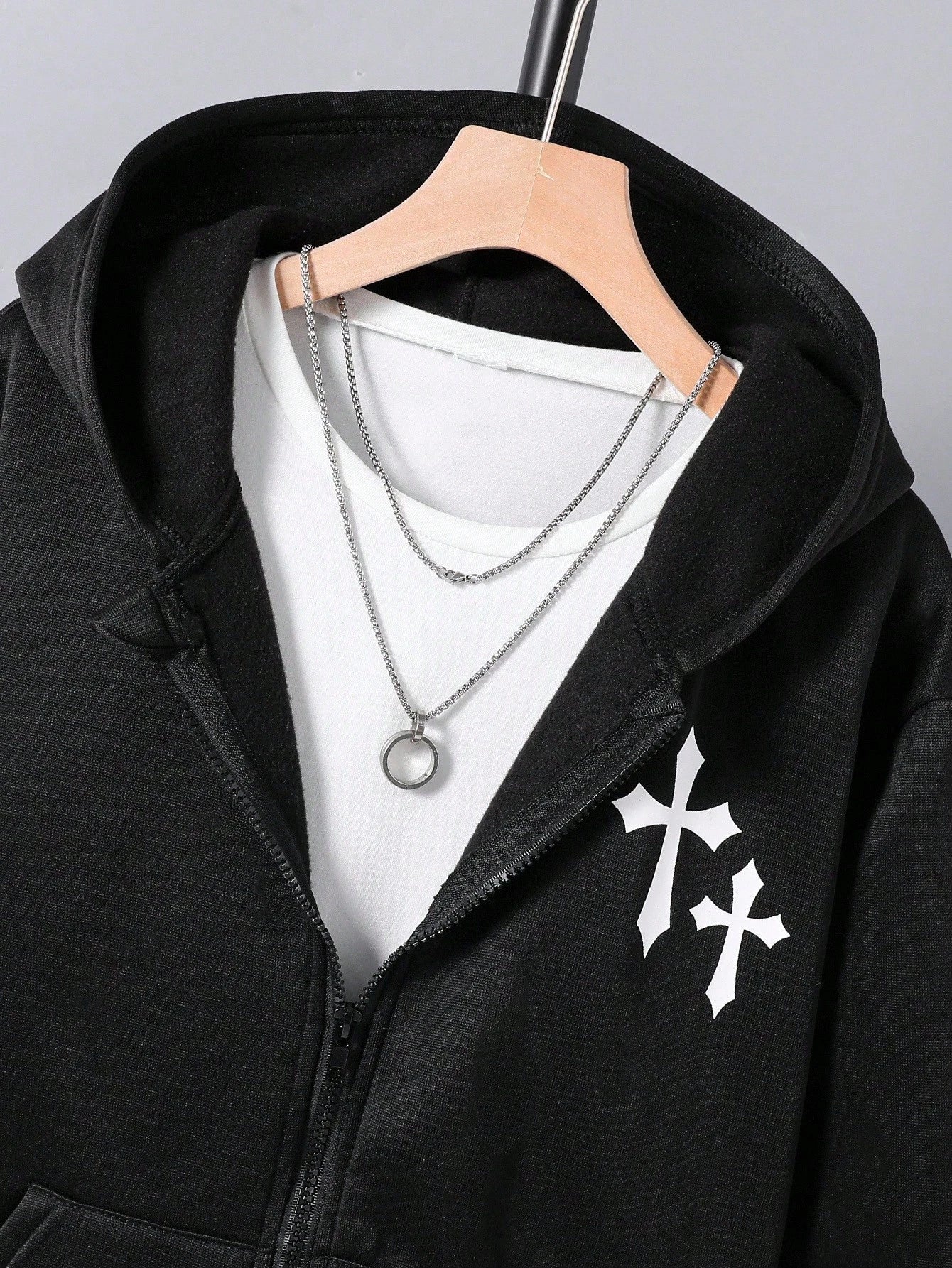 Teen Boy All-Match Graphic Print Versatile Hooded Zip-Up Sweatshirt Fall Winter
