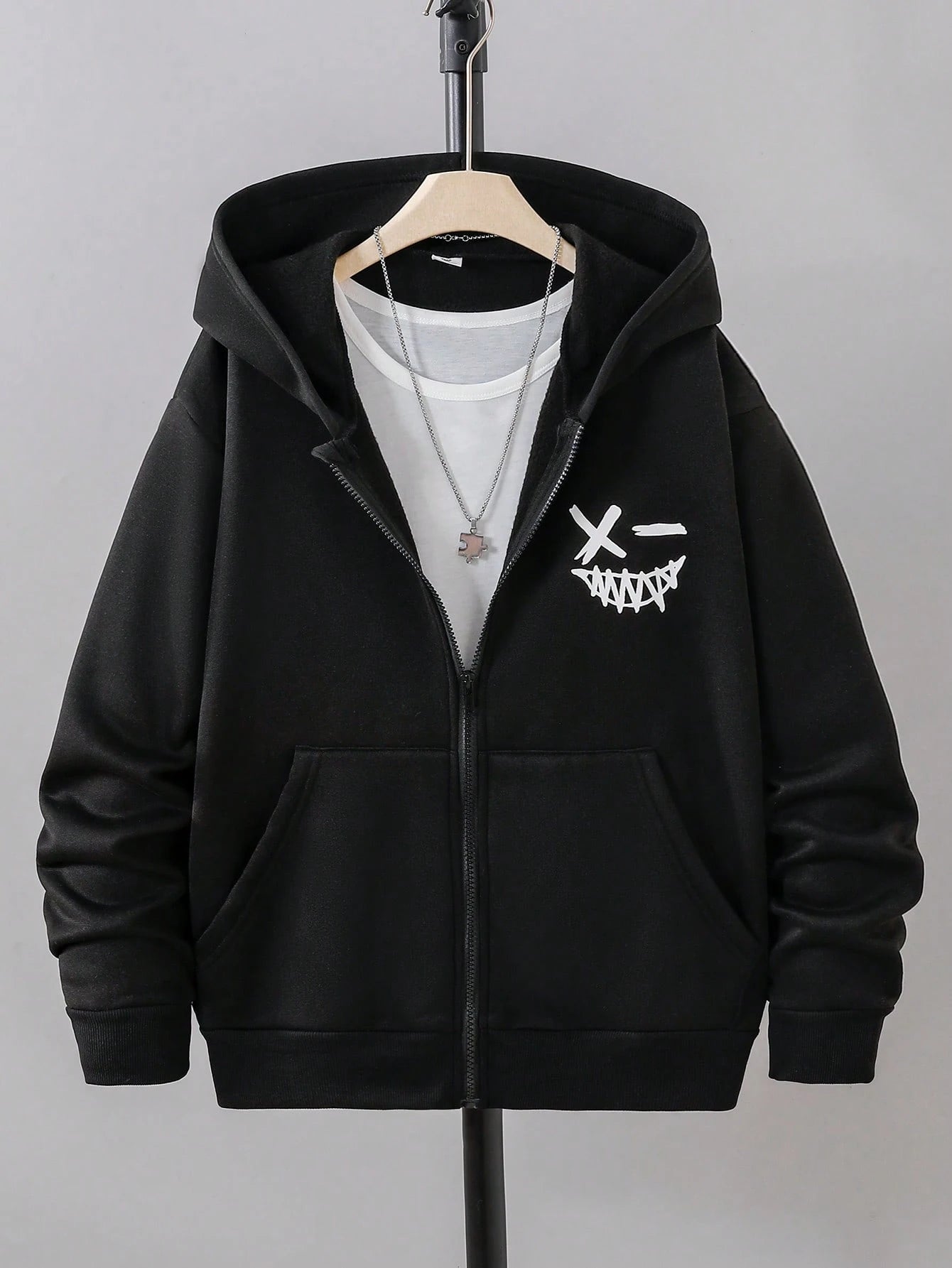 Teen Boy All-Match Graphic Print Versatile Hooded Zip-Up Sweatshirt Fall Winter