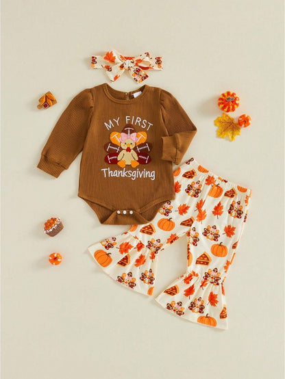 Thanksgiving Baby Girls Outfit Turkey Embroidery Long Sleeve Romper With Print Flared Pants And Headband